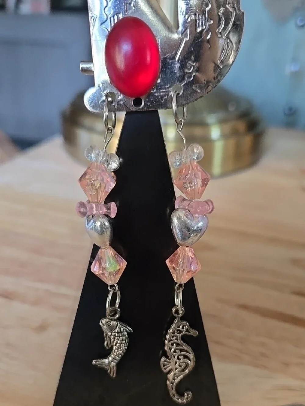 Vintage-native American Inspired Wolf Statement Brooch with Pink Beaded Dangles